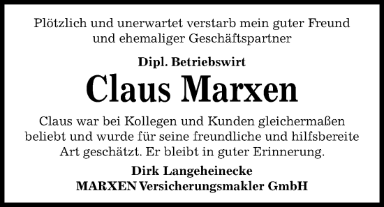 Traueranzeige von Claus Marxen von Kieler Nachrichten