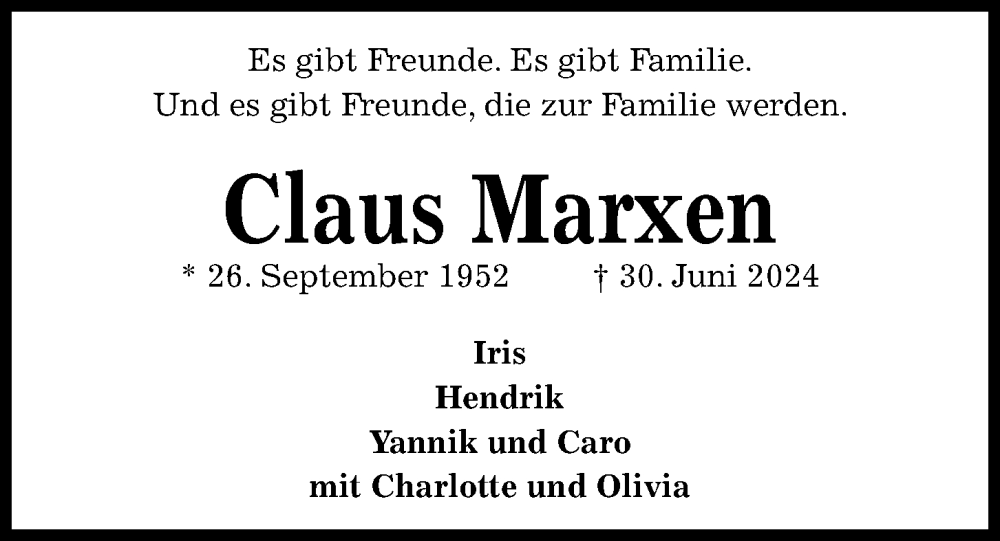  Traueranzeige für Claus Marxen vom 13.07.2024 aus Kieler Nachrichten