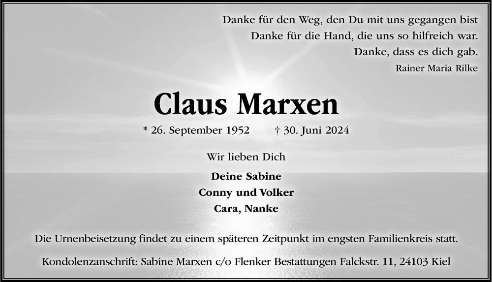  Traueranzeige für Claus Marxen vom 13.07.2024 aus Kieler Nachrichten