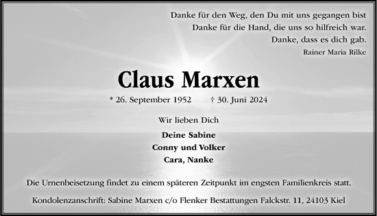 Traueranzeige von Claus Marxen von Kieler Nachrichten