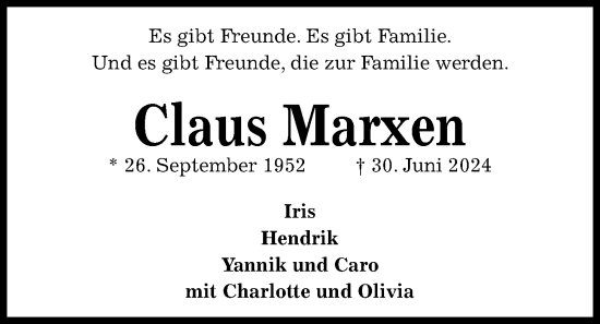 Traueranzeige von Claus Marxen von Kieler Nachrichten