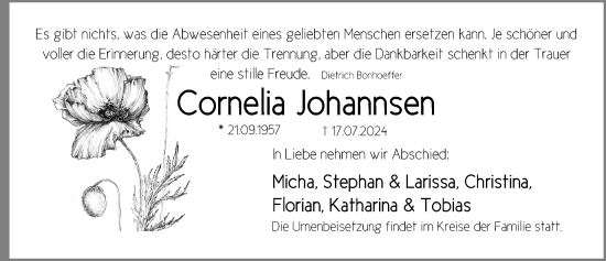Traueranzeige von Cornelia Johannsen von Lübecker Nachrichten