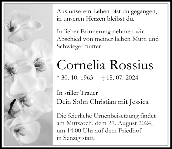 Traueranzeige von Cornelia Rossius von Märkischen Allgemeine Zeitung