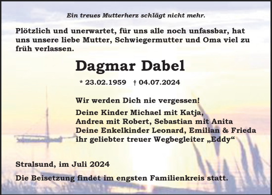 Traueranzeige von Dagmar Dabel von Ostsee-Zeitung GmbH