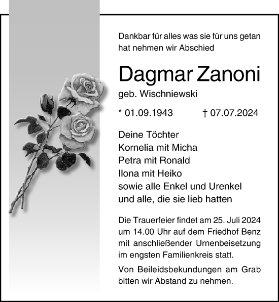 Traueranzeige von Dagmar Zanoni von Ostsee-Zeitung GmbH