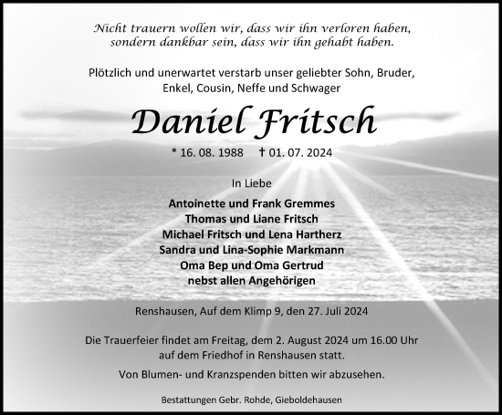 Traueranzeige von Daniel Fritsch von Eichsfelder Tageblatt