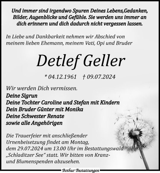 Traueranzeige von Detlef Geller von Leipziger Volkszeitung
