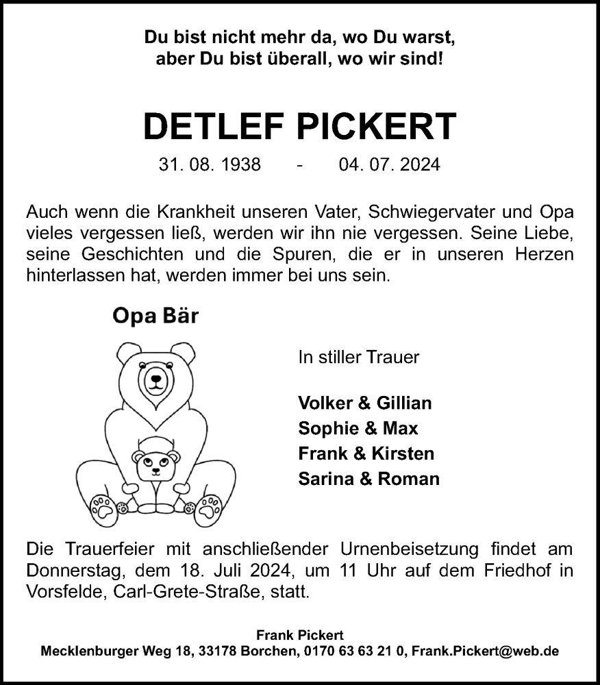  Traueranzeige für Detlef Pickert vom 13.07.2024 aus Aller Zeitung