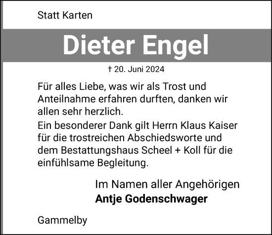 Traueranzeige von Dieter Engel von Kieler Nachrichten