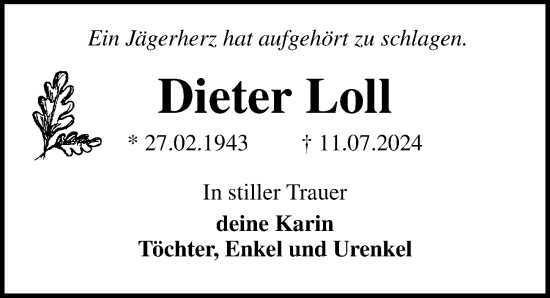 Traueranzeige von Dieter Loll von Ostsee-Zeitung GmbH