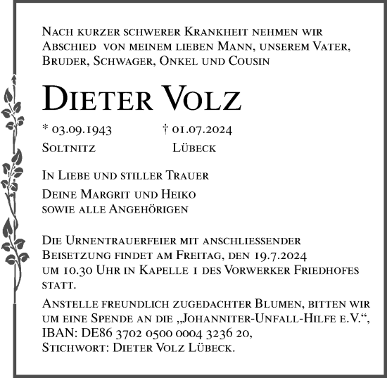 Traueranzeige von Dieter Volz von Lübecker Nachrichten