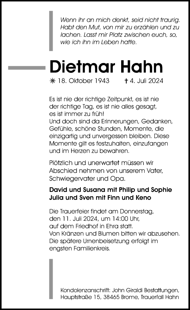  Traueranzeige für Dietmar Hahn vom 09.07.2024 aus Aller Zeitung