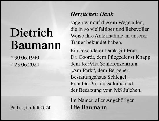 Traueranzeige von Dietrich Baumann von Ostsee-Zeitung GmbH