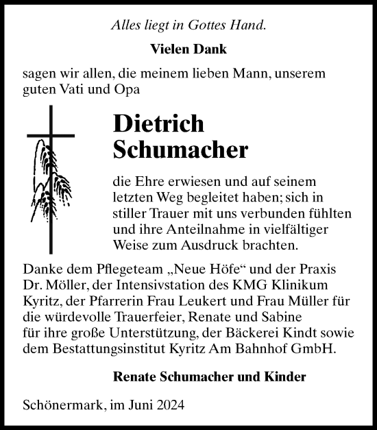 Traueranzeige von Dietrich Schumacher von Wochenspiegel