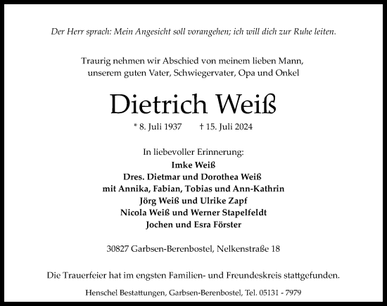 Traueranzeige von Dietrich Weiß von Hannoversche Allgemeine Zeitung/Neue Presse