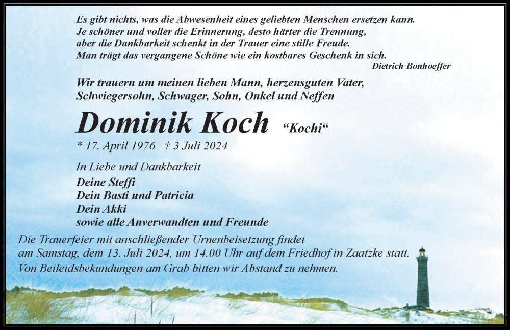  Traueranzeige für Dominik Koch vom 06.07.2024 aus Märkischen Allgemeine Zeitung