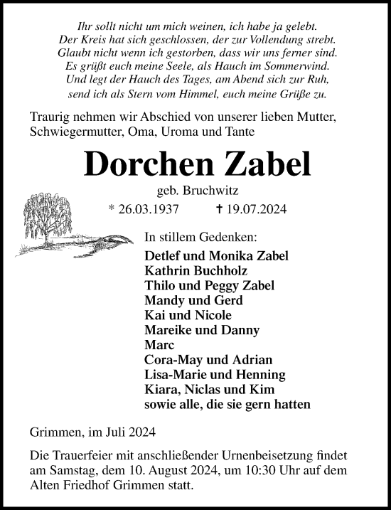 Traueranzeige von Dorchen Zabel von Ostsee-Zeitung GmbH