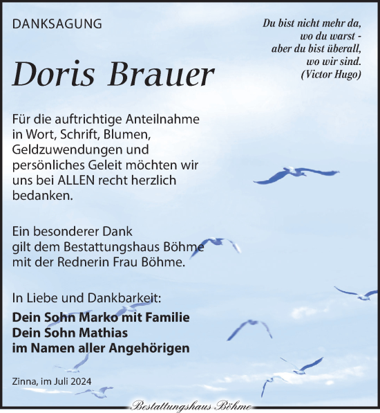 Traueranzeige von Doris Brauer von Torgauer Zeitung