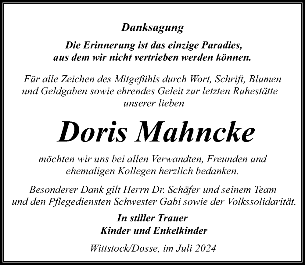  Traueranzeige für Doris Mahncke vom 27.07.2024 aus Wochenspiegel