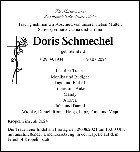 Traueranzeige von Doris Schmechel von Ostsee-Zeitung GmbH