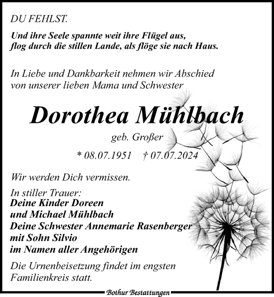 Traueranzeige von Dorothea Mühlbach von Leipziger Volkszeitung