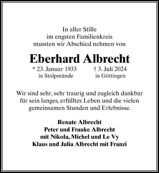 Traueranzeige von Eberhard Albrecht von Göttinger Tageblatt