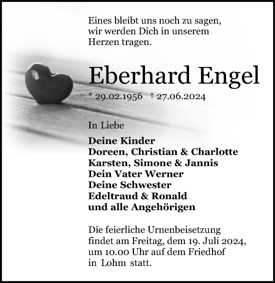 Traueranzeige von Eberhard Engel von Wochenspiegel
