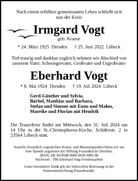 Traueranzeige von Eberhard Vogt von Lübecker Nachrichten