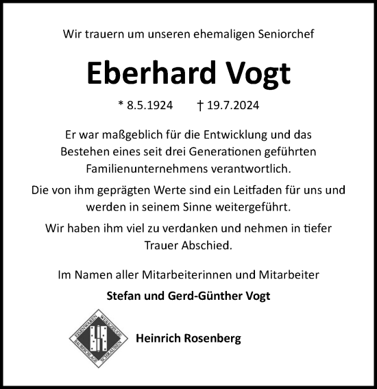 Traueranzeige von Eberhard Vogt von Lübecker Nachrichten