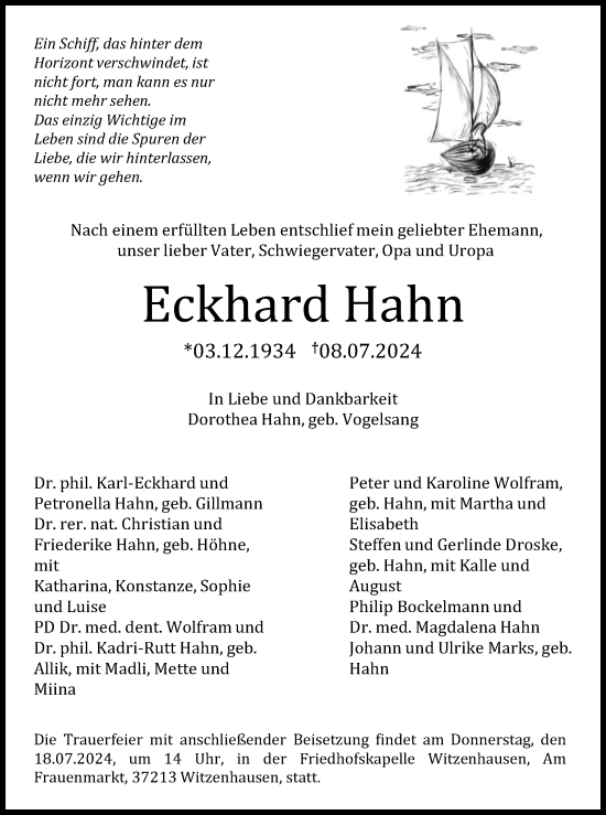 Traueranzeige von Eckhard Hahn von Göttinger Tageblatt