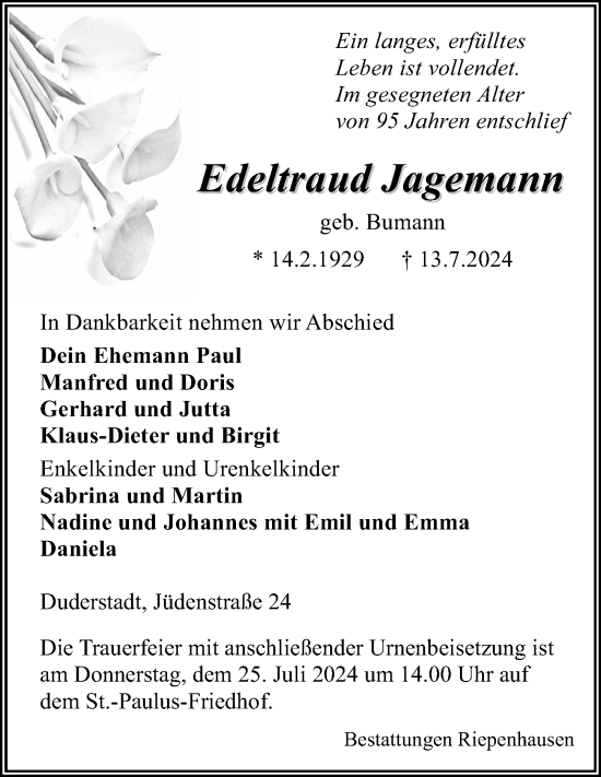 Traueranzeige von Edeltraud Jagemann von Eichsfelder Tageblatt