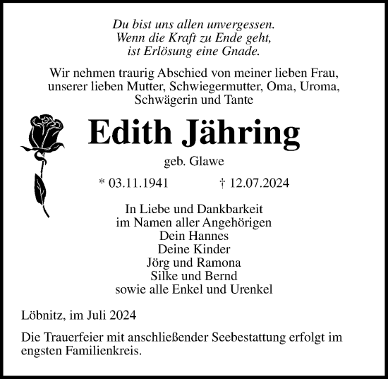 Traueranzeige von Edith Jähring von Ostsee-Zeitung GmbH