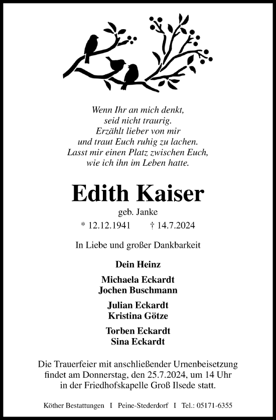 Traueranzeige von Edith Kaiser von Peiner Allgemeine Zeitung