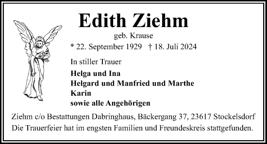 Traueranzeige von Edith Ziehm von Lübecker Nachrichten