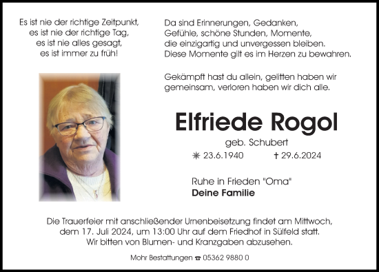Traueranzeige von Elfriede Rogol von Aller Zeitung