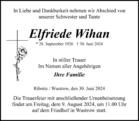 Traueranzeige von Elfriede Wihan von Ostsee-Zeitung GmbH