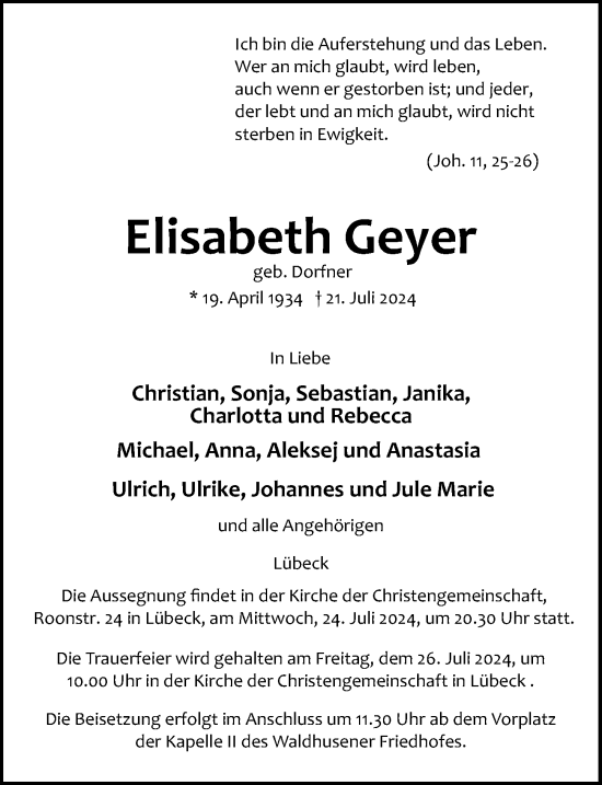 Traueranzeige von Elisabeth Geyer von Lübecker Nachrichten
