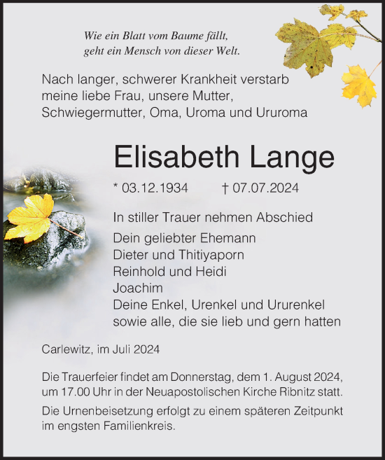 Traueranzeige von Elisabeth Lange von Ostsee-Zeitung GmbH