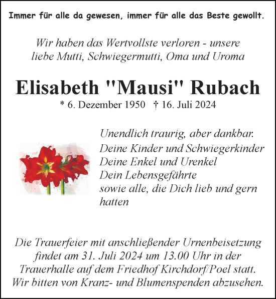Traueranzeige von Elisabeth Rubach von Ostsee-Zeitung GmbH