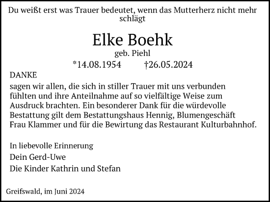 Traueranzeige von Elke Boehk von Ostsee-Zeitung GmbH