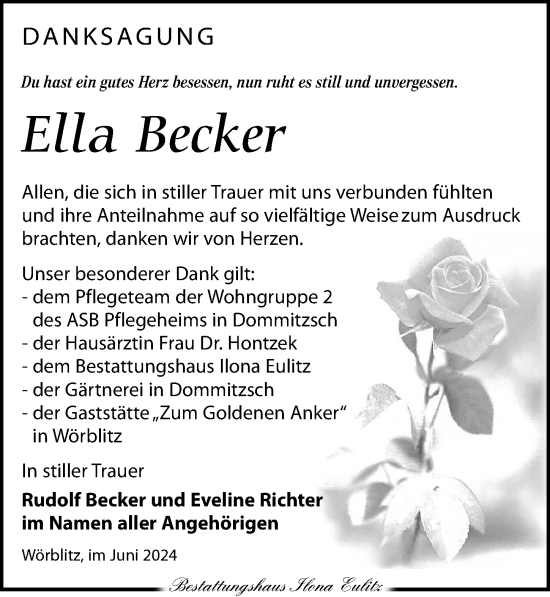 Traueranzeige von Ella Becker von Torgauer Zeitung