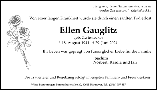 Traueranzeige von Ellen Gauglitz von Hannoversche Allgemeine Zeitung/Neue Presse