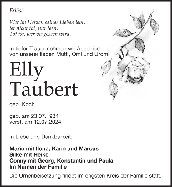 Traueranzeige von Elly Taubert von Leipziger Volkszeitung