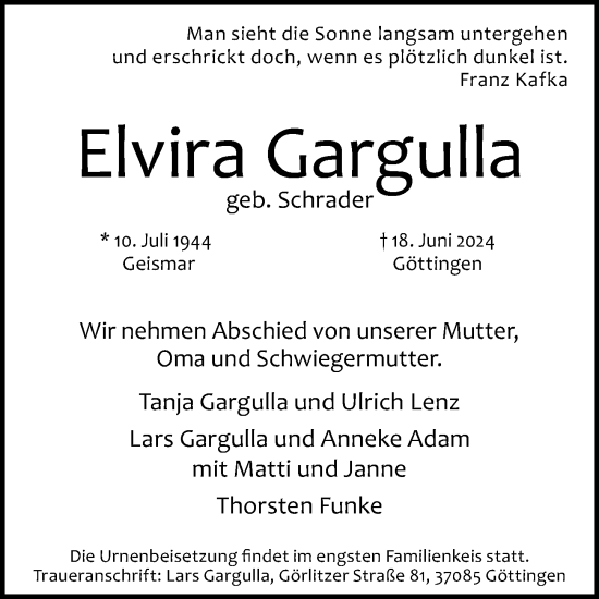 Traueranzeige von Elvira Gargulla von Göttinger Tageblatt