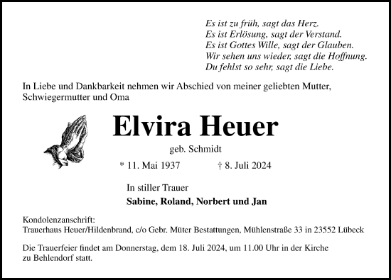 Traueranzeige von Elvira Heuer von Lübecker Nachrichten