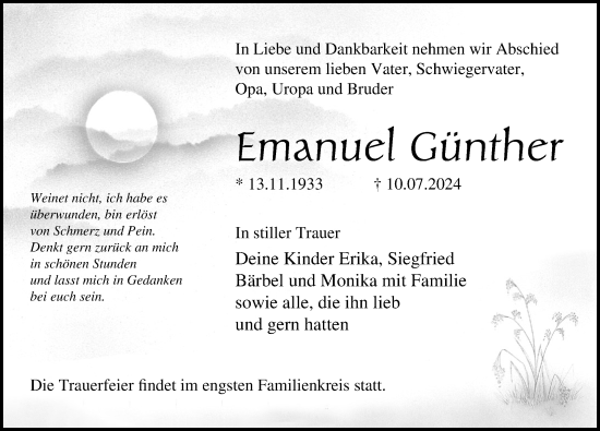 Traueranzeige von Emanuel Günther von Ostsee-Zeitung GmbH