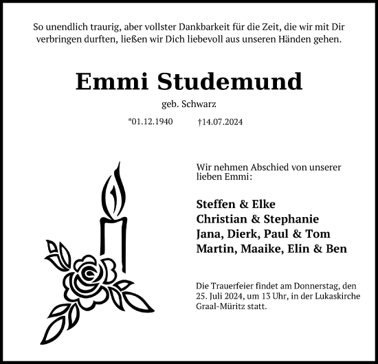 Traueranzeige von Emmi Studemund von Ostsee-Zeitung GmbH