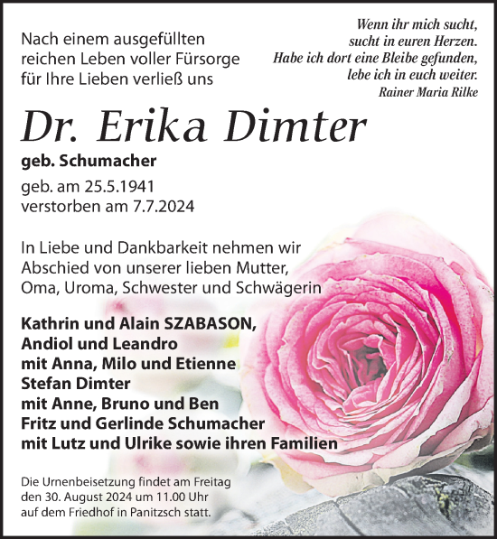 Traueranzeige von Erika Dimter von Leipziger Volkszeitung