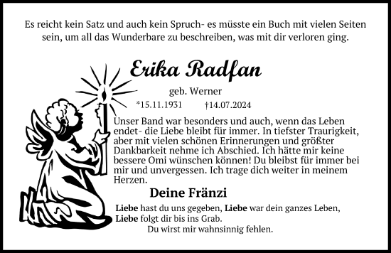 Traueranzeige von Erika Radfan von Ostsee-Zeitung GmbH