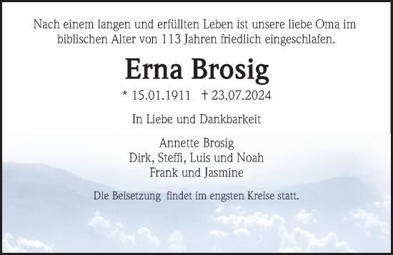 Traueranzeige von Erna Brosig von Hannoversche Allgemeine Zeitung/Neue Presse